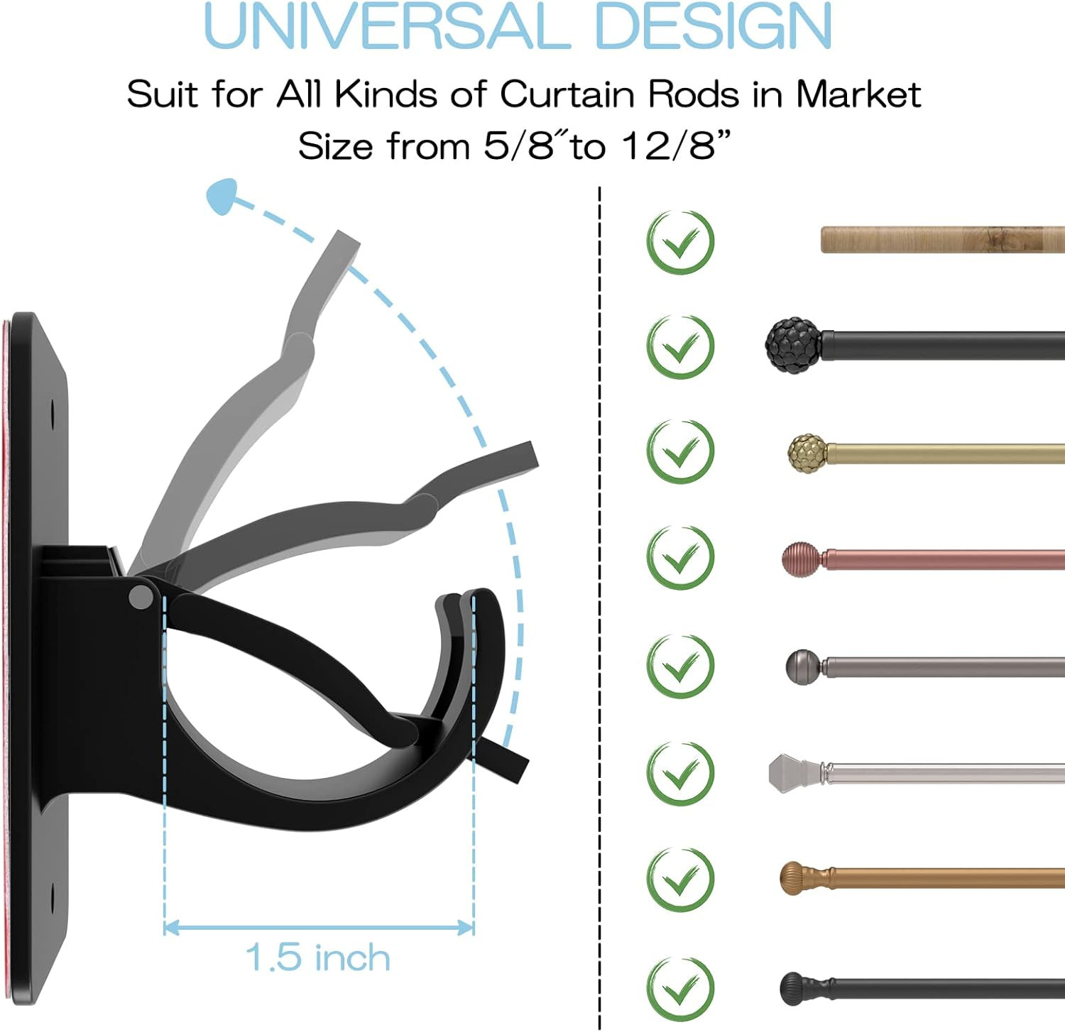 4 Pieces Self Adhesive Curtain Rod Bracket, Universal Plastic Curtain Rod Holder