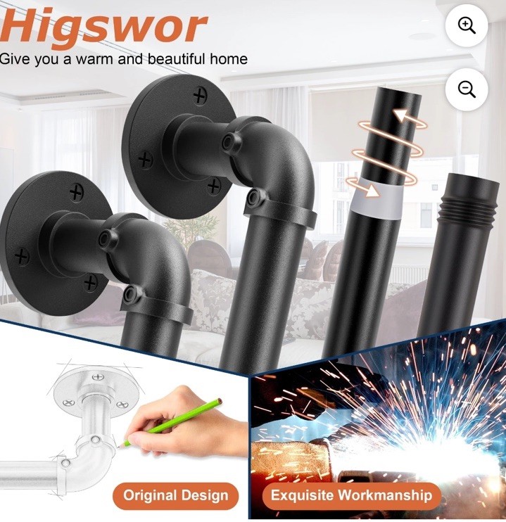Higswor Industrial Pipe Curtain Rod, 40-74 In, Matte Black Steel, Blackout Rod