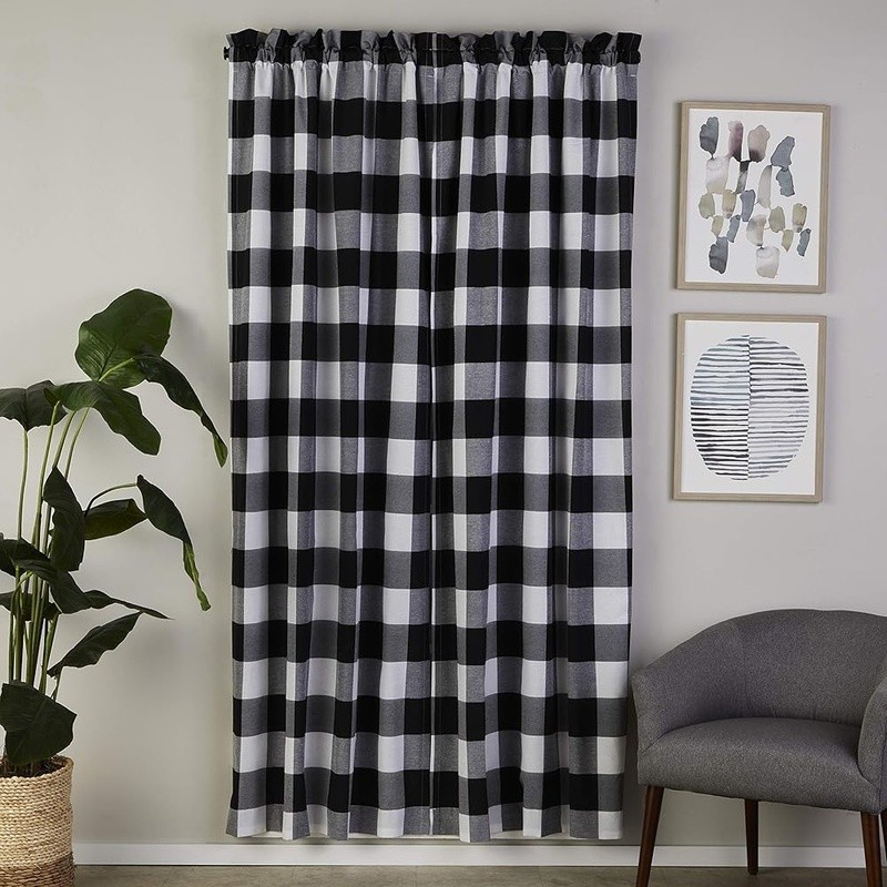 Lightweight Woven Black & White Buffalo Check Window Panel Curtain Rod Pocket US