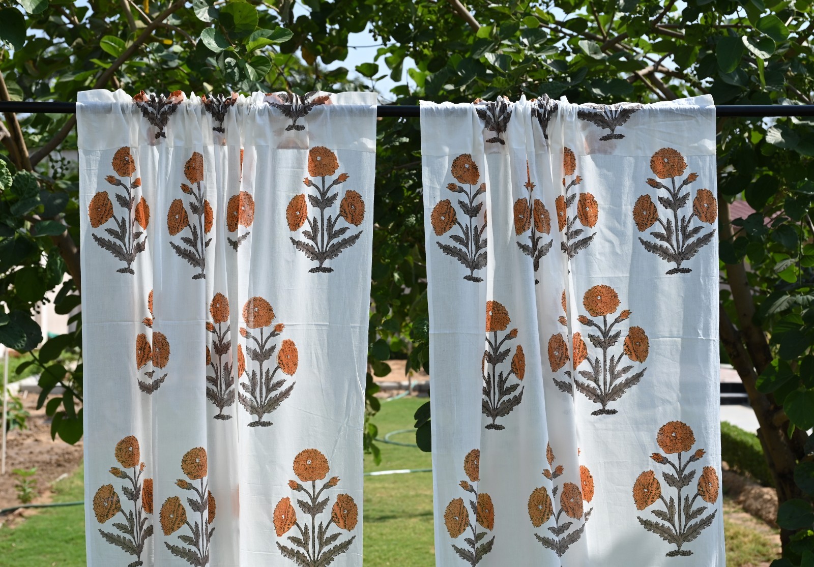 Set of 2 Mughal Flower block Print Curtain Panels Indian Cotton window Curtains