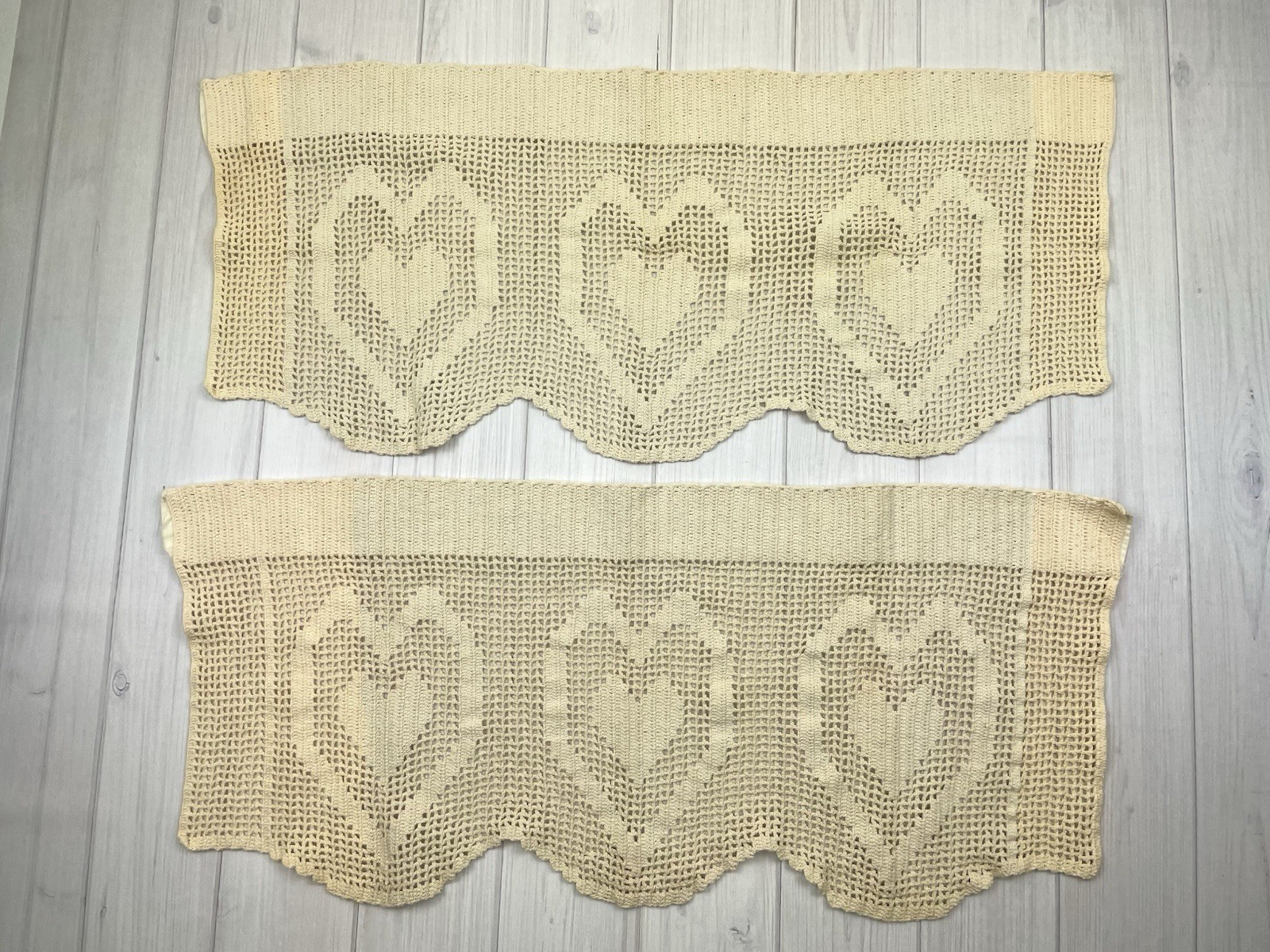 Vintage Cotton Handmade Crochet Valance Curtain Panels Farmhouse Heart Theme