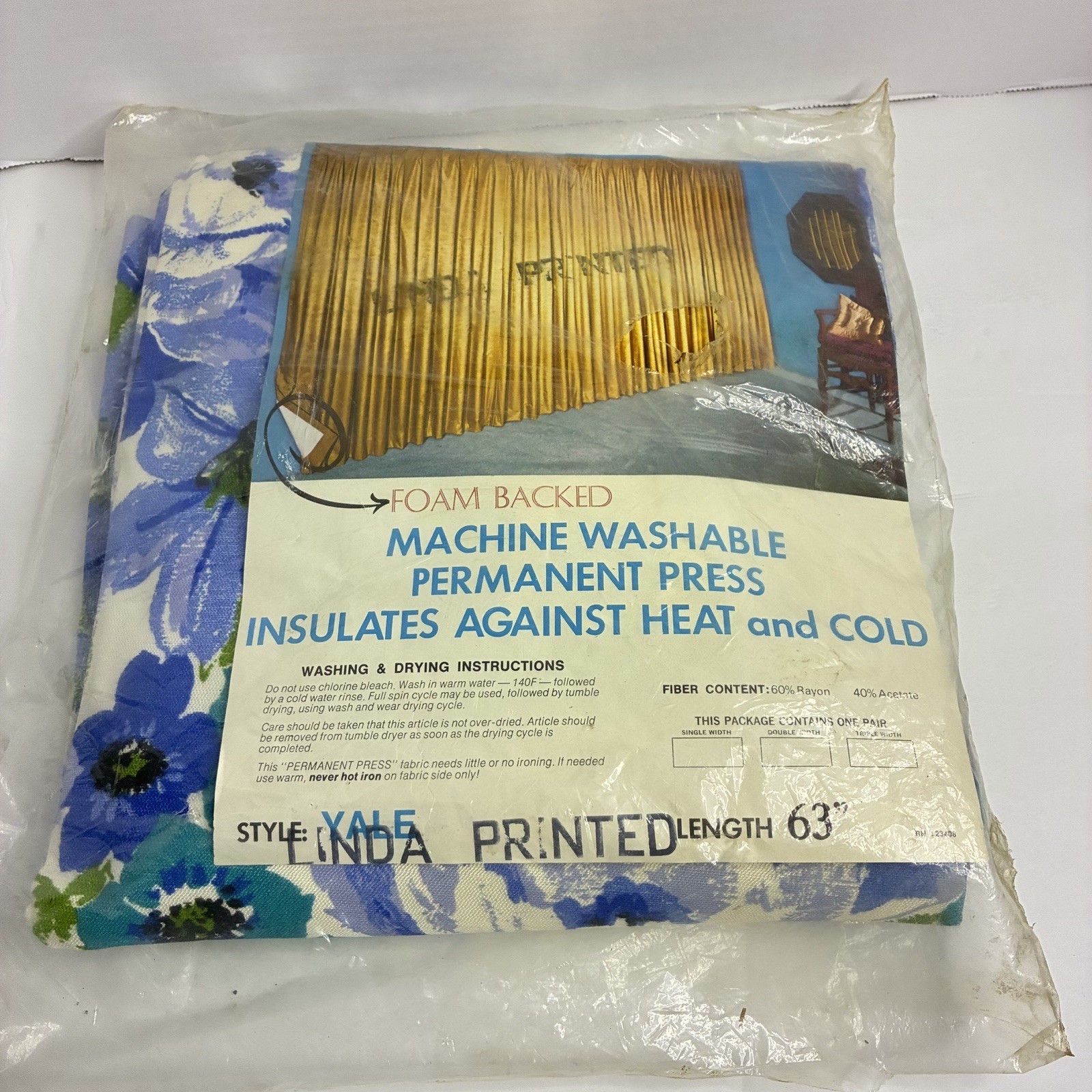 Vintage Yale Foam Backed Floral Curtains Drapes Pair 63” Blue Green NOS