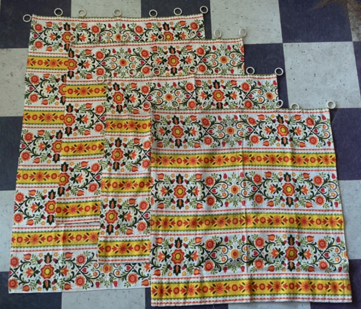 Vintage 4 Curtains w Rings Kitchen Orange Yellow Country 3x 30″x30″ 1x 30″x45″