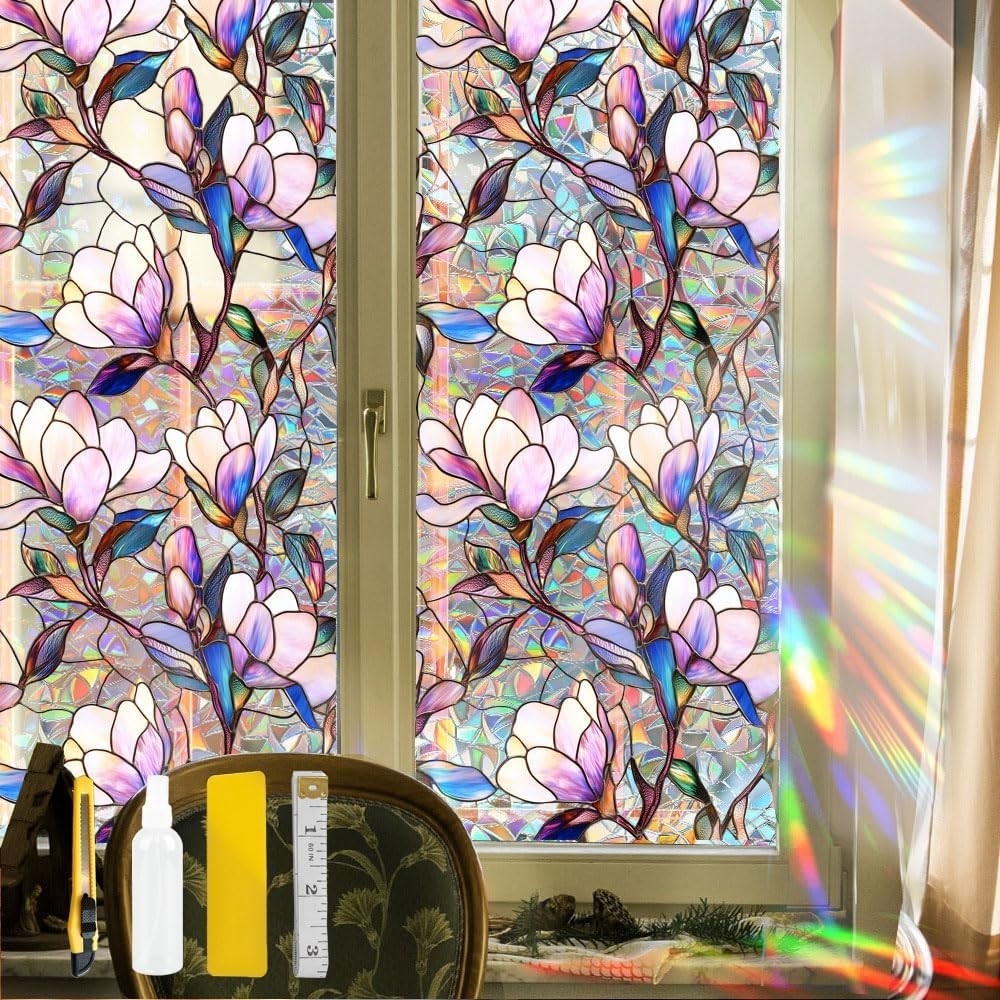 Flower Stained Glass Window Film Decorative Static Cling Stickers Sun Blocking R