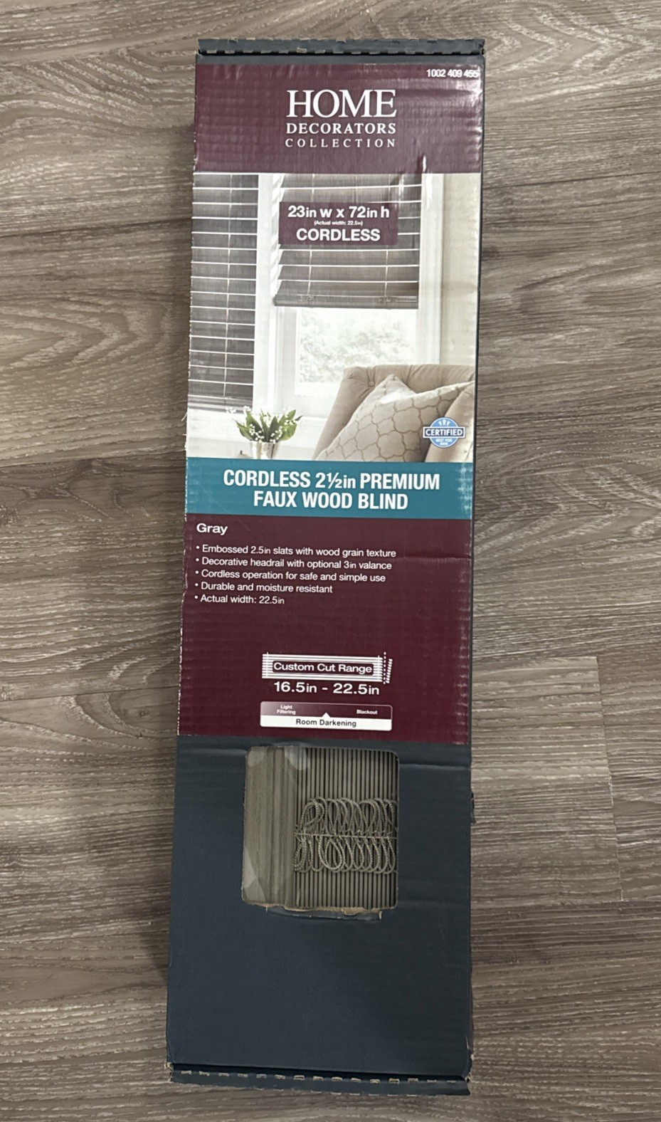 Driftwood Gray Cordless 2.5 in. Premium Faux Wood Blind – 23 in. W x 72 in(O5)