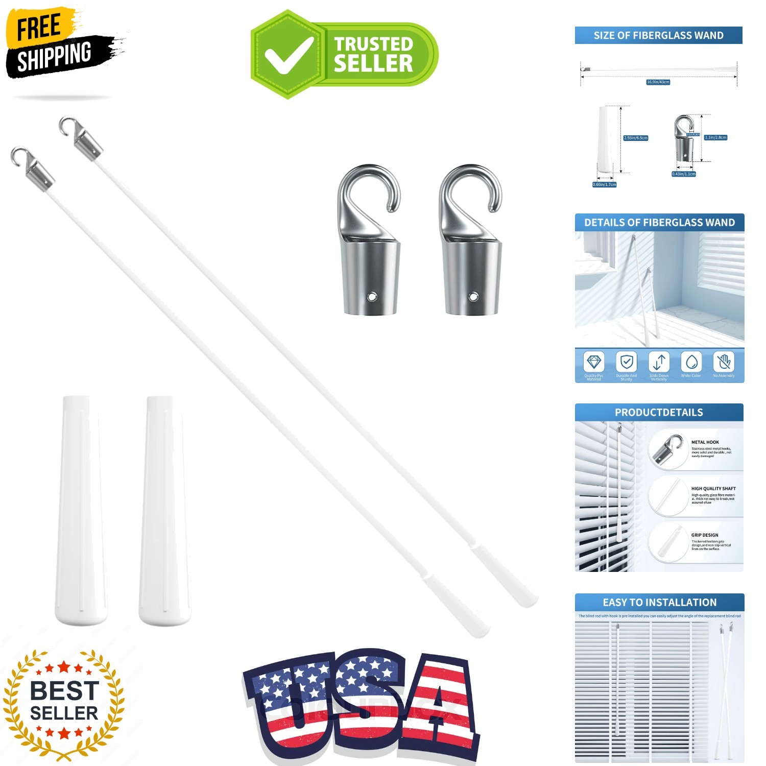 2 Pcs Blind Wand, Vertical Blinds Replacement Parts with Hook and Grip, White…