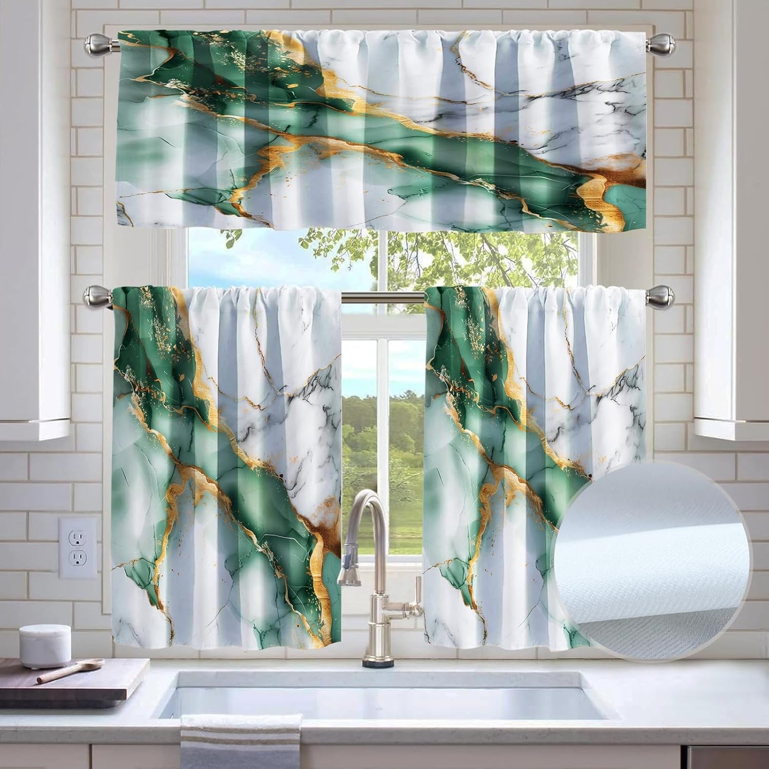 Green Marble Blackout Kitchen Window Tier Curtains & Valance Set 52 x 36 Inch