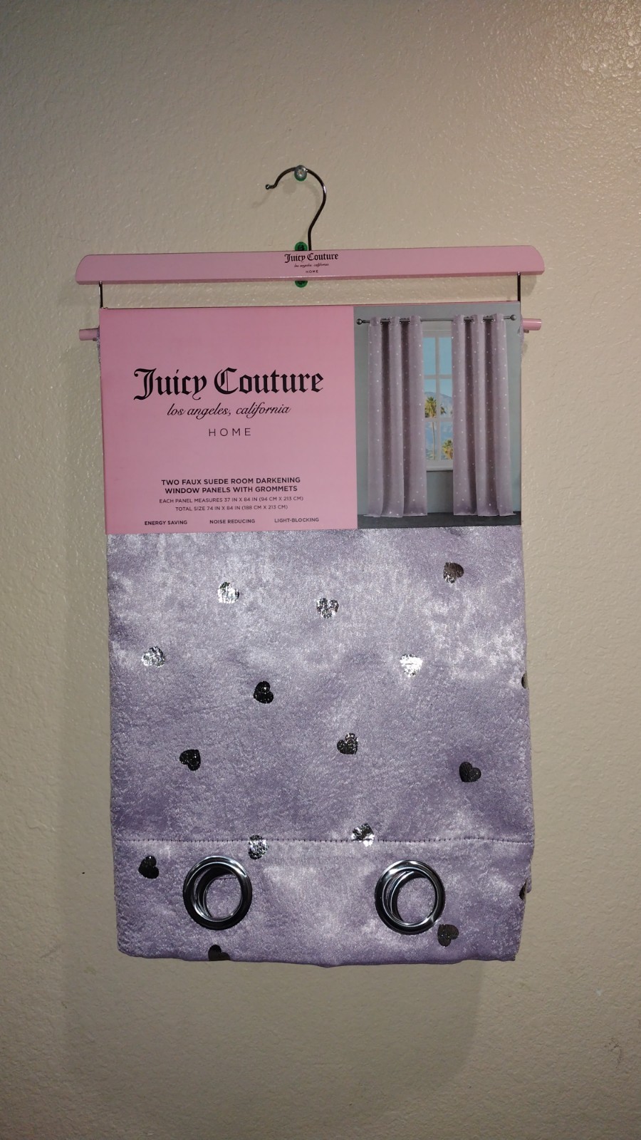 JUICY COUTURE WINDOW CURTAIN LAVENDER SILVER HEART JUICY COUTURE WINDOW PANELS