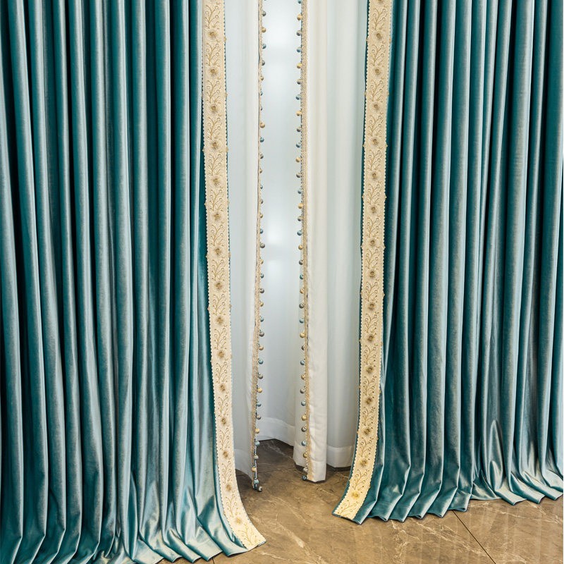 European costom velvet blue lace cloth window blackout curtain tulle M1854