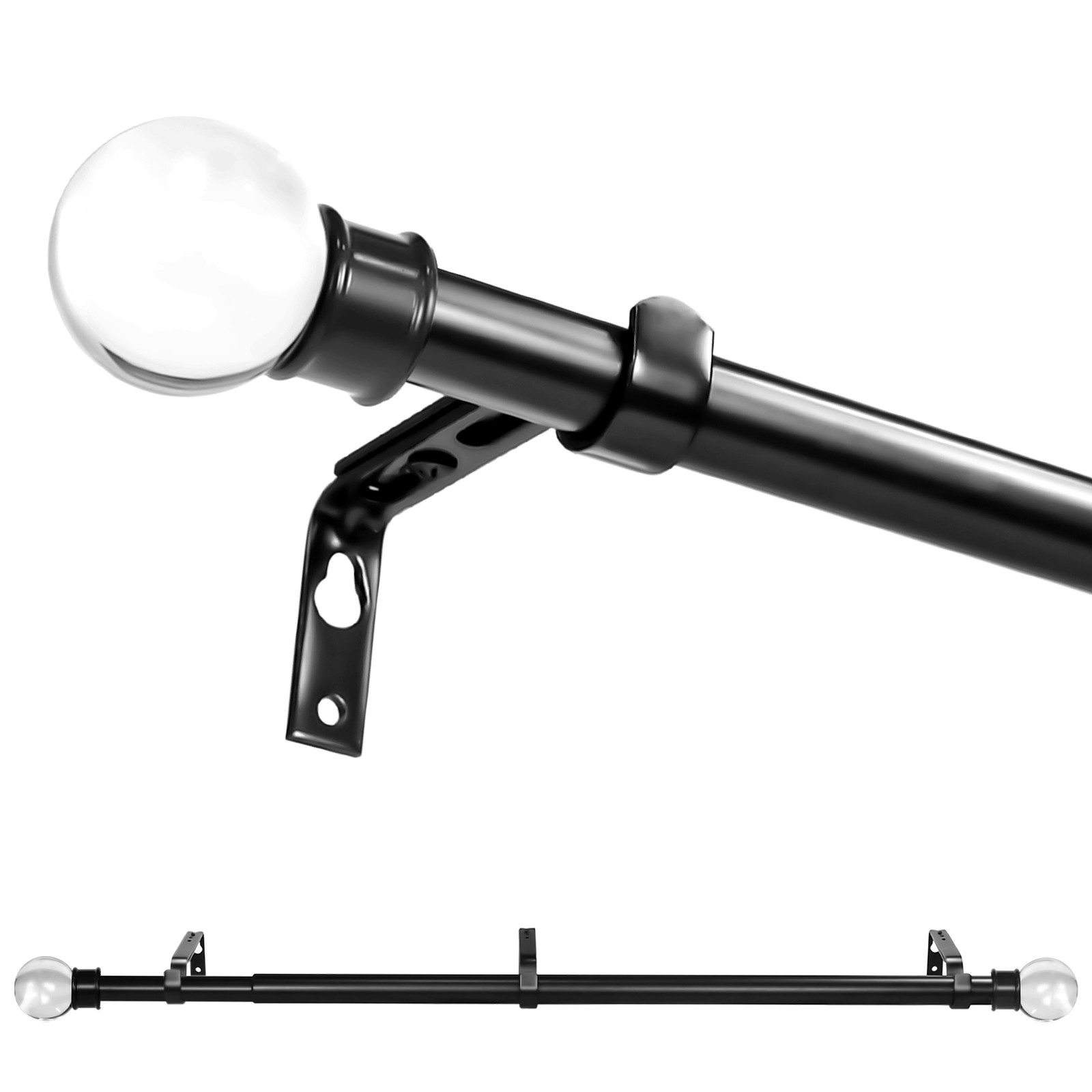 1″ Crystal Ball Adjustable Single Drapery Curtain Rod, 28″-48″/48″-84″/84″-120″