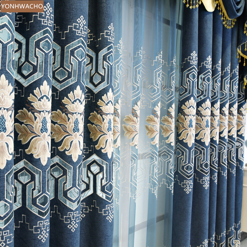European noble embroidered Chenille blue thick cloth blackout curtain panel C158