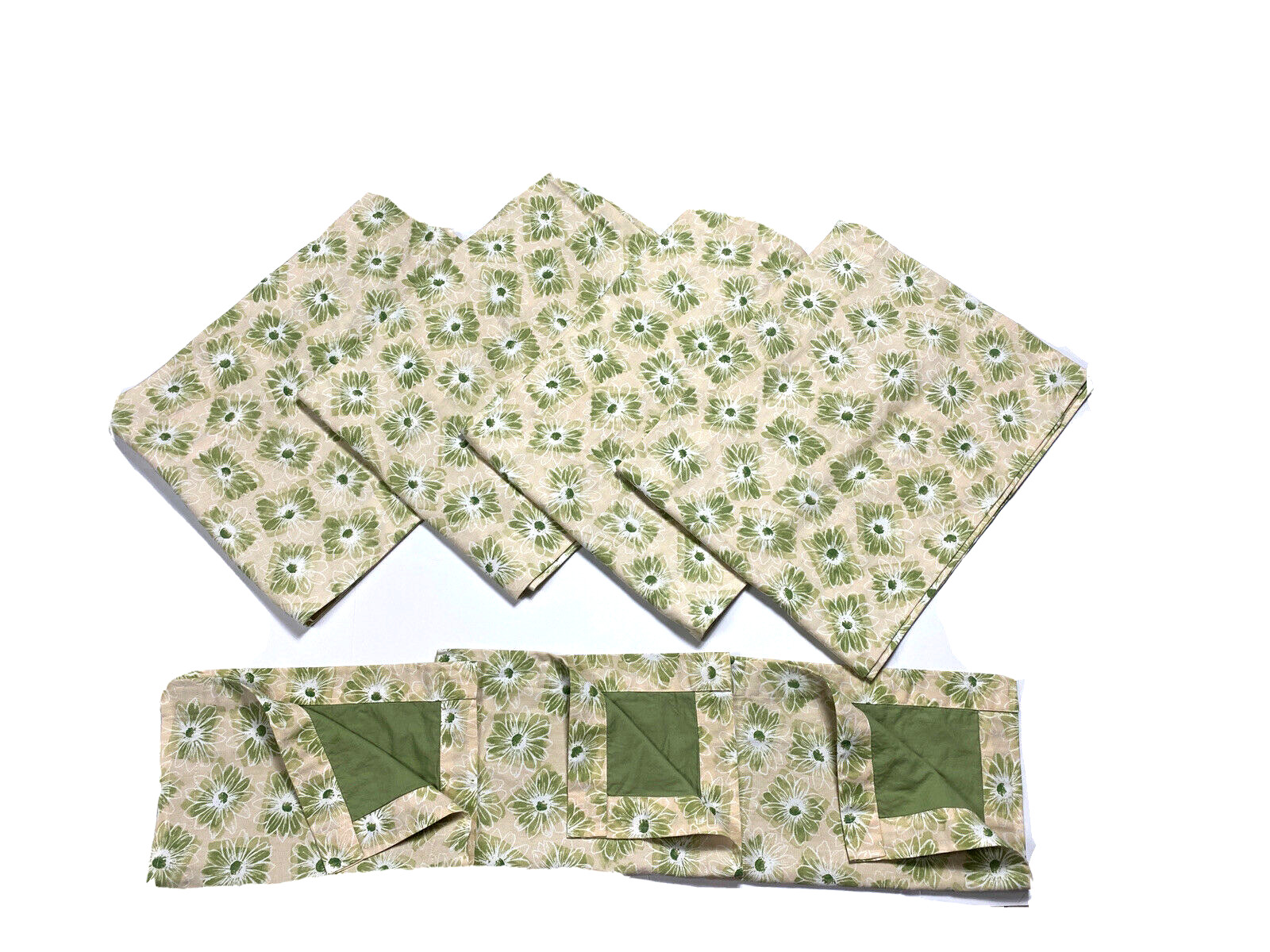 Vintage Daisy Valances Placemats Set Handmade Flowers Retro Curtains Green