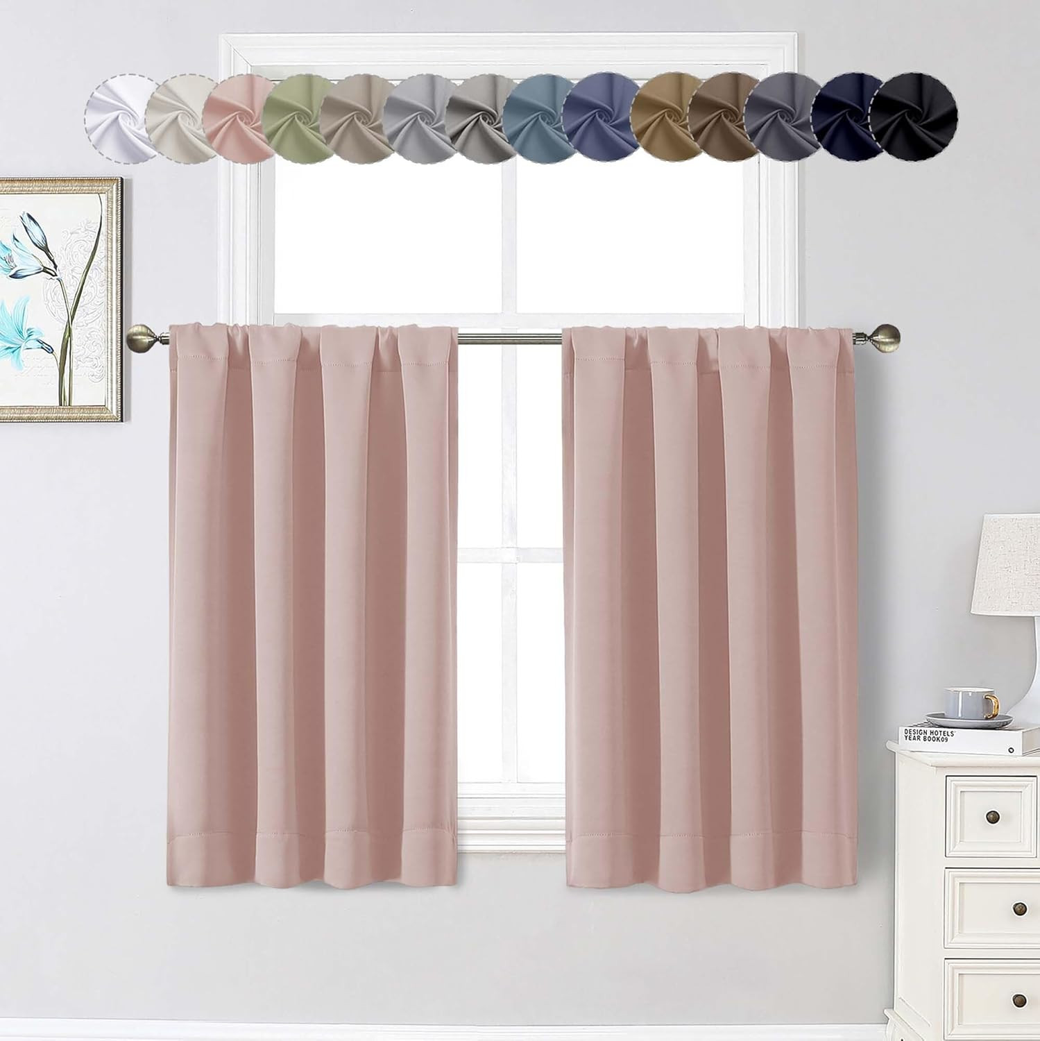 Blush Cafe Blackout Curtains 36 Inch Length 2 Panels Set, Soft Solid Thermal Ins