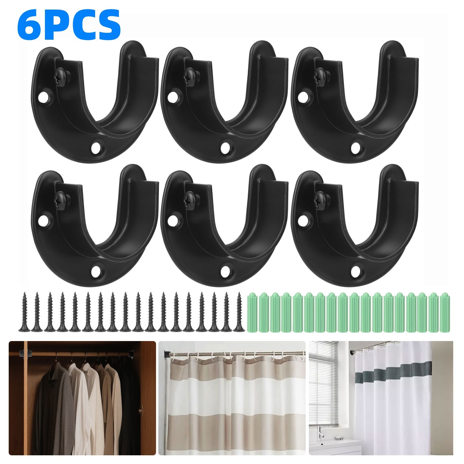 6PCS U Shape Closet Rod Bracket Set – Black Pole Holder with Screws for Wardrobe