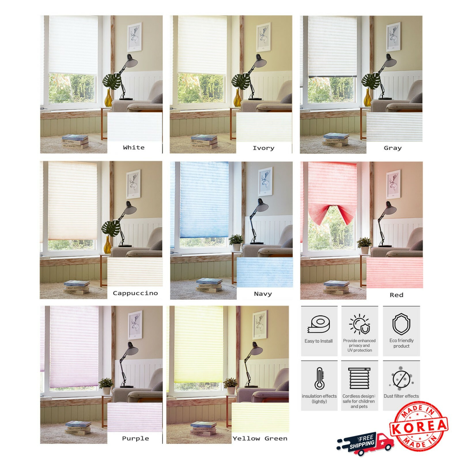 [4 Pack] Versatile Self Shade Blinds No Tools Cellular Shades Korea Made 35×90″