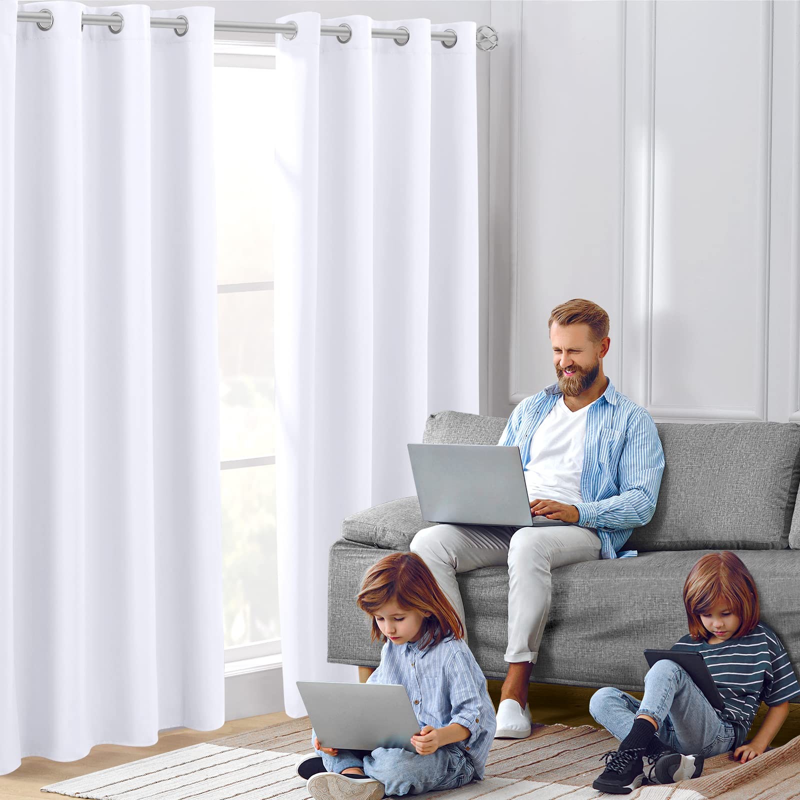 HOMEIDEAS Pure White Curtains for Bedroom 52 X 84 Inch Long 2 Panels Set