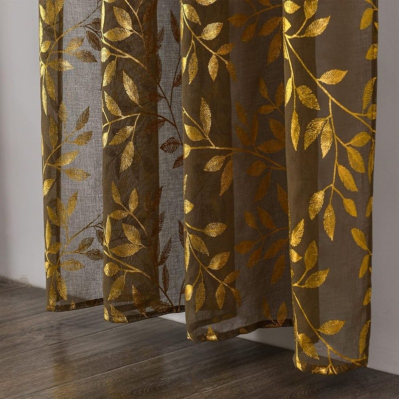 Elegant Sheer Curtains W/ Gold Foil Printed Vines Airy Privacy Home Use