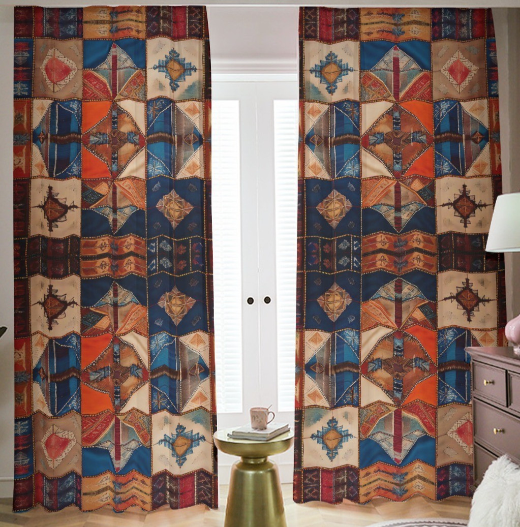 Earthy Patchwork Blackout Curtains Brown Drapes Shades Geometric Rod Pocket