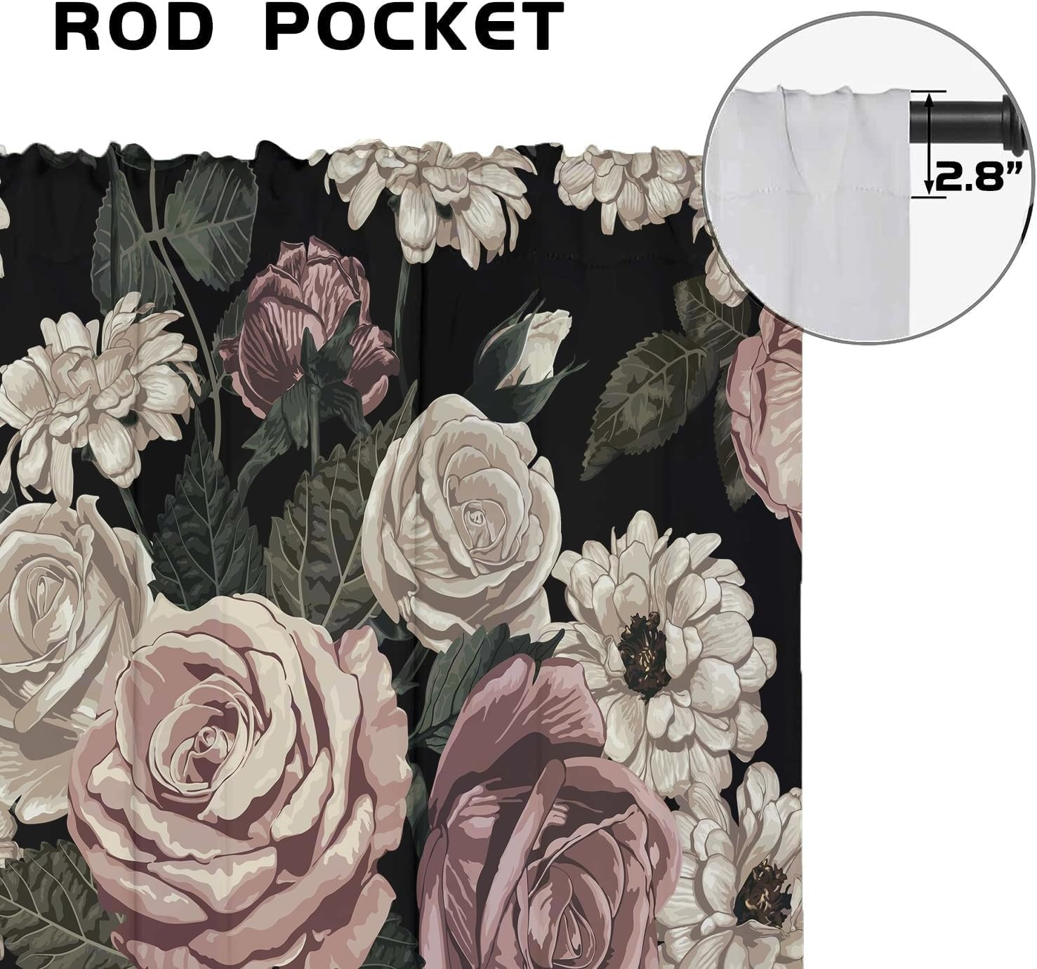 Black Floral Kitchen Window Curtains Rod Pocket Small Short Cafe Vintage Gothic