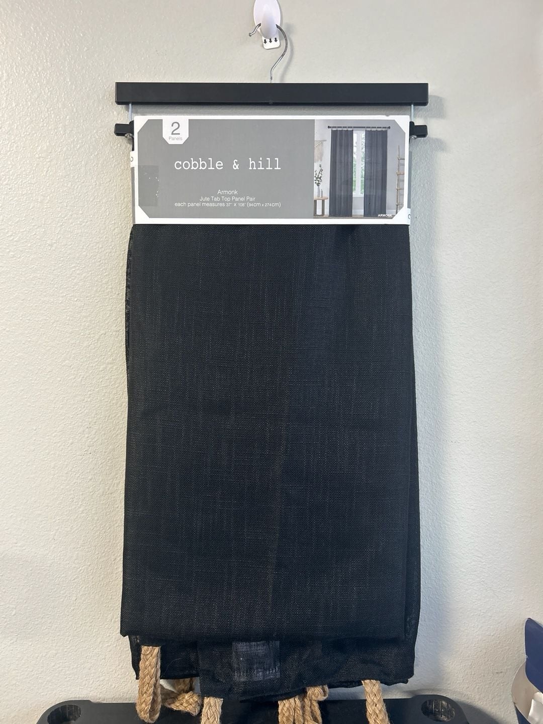 Cobble & Hill Armonk Jute Tab Top Curtain Panel Pair Black 37 x 108