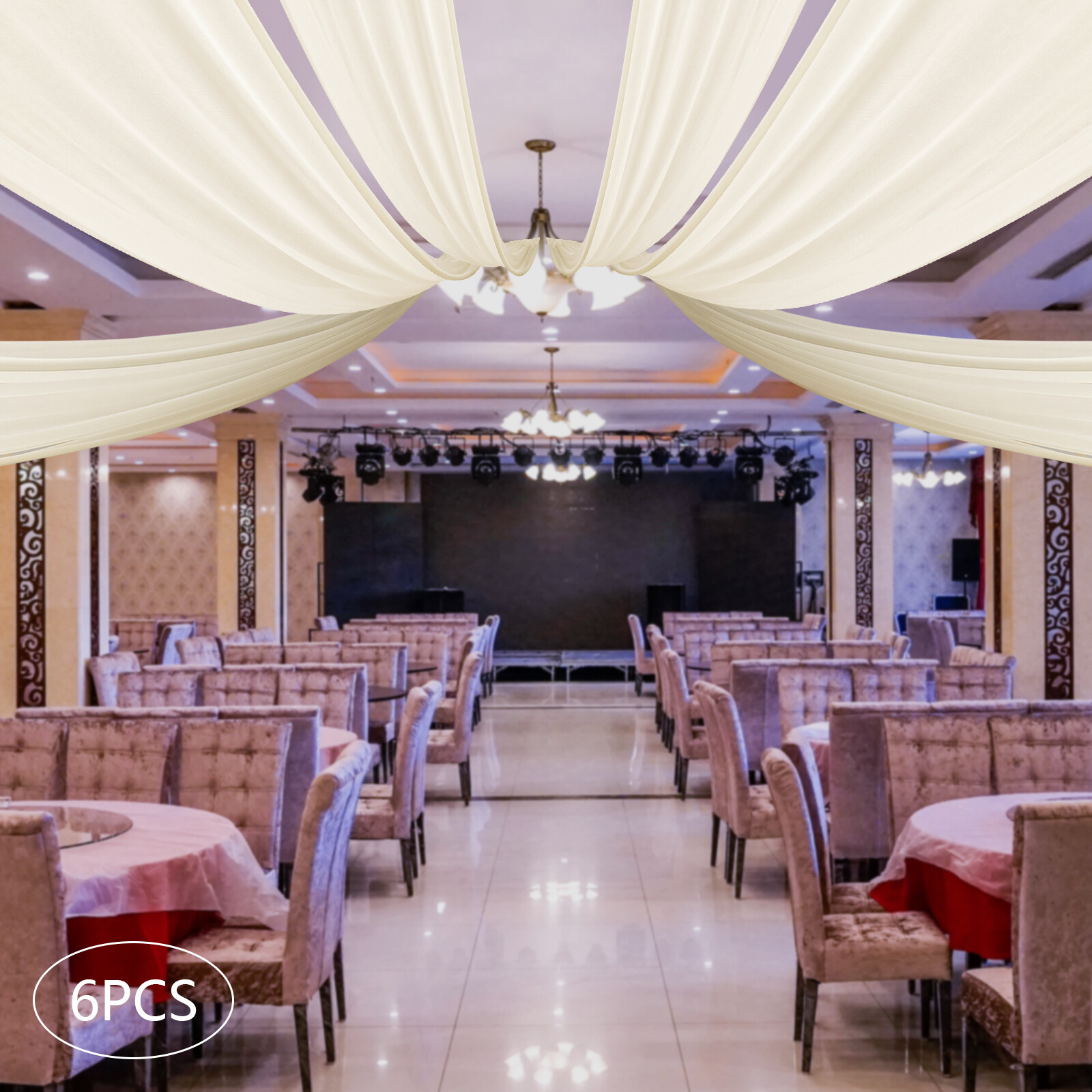 Beige Chiffon Ceiling Drapes 6 Panels 5 × 30 Ft Rod Pocket for Wedding