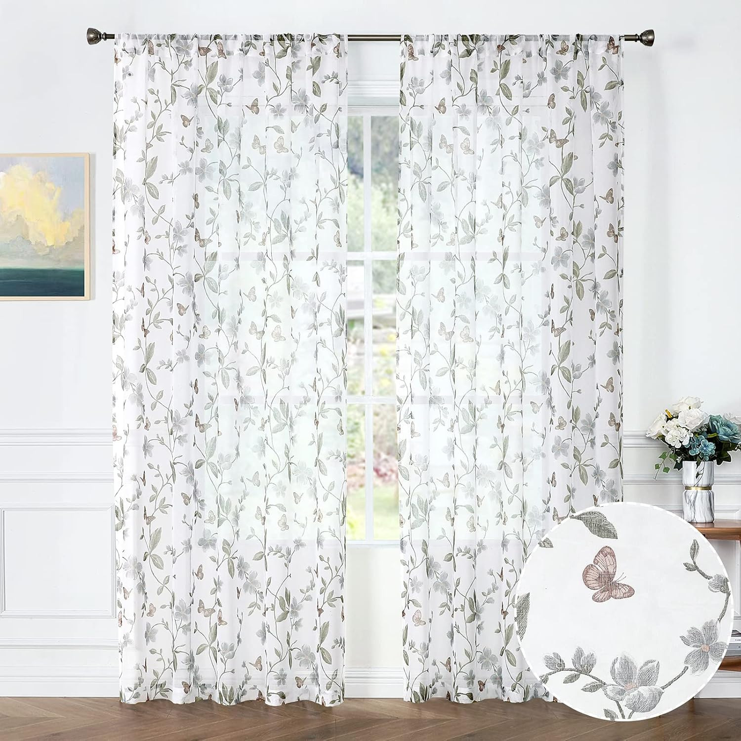 Sheer Floral Tier Curtain Yellow Flower Butterfly Printed Half Window Curtains R
