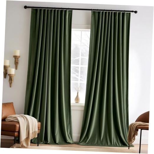 Velvet Curtains 90 inches 2 Panels – Pinch 52″W x 90″L (Pack of 2) Olive Green