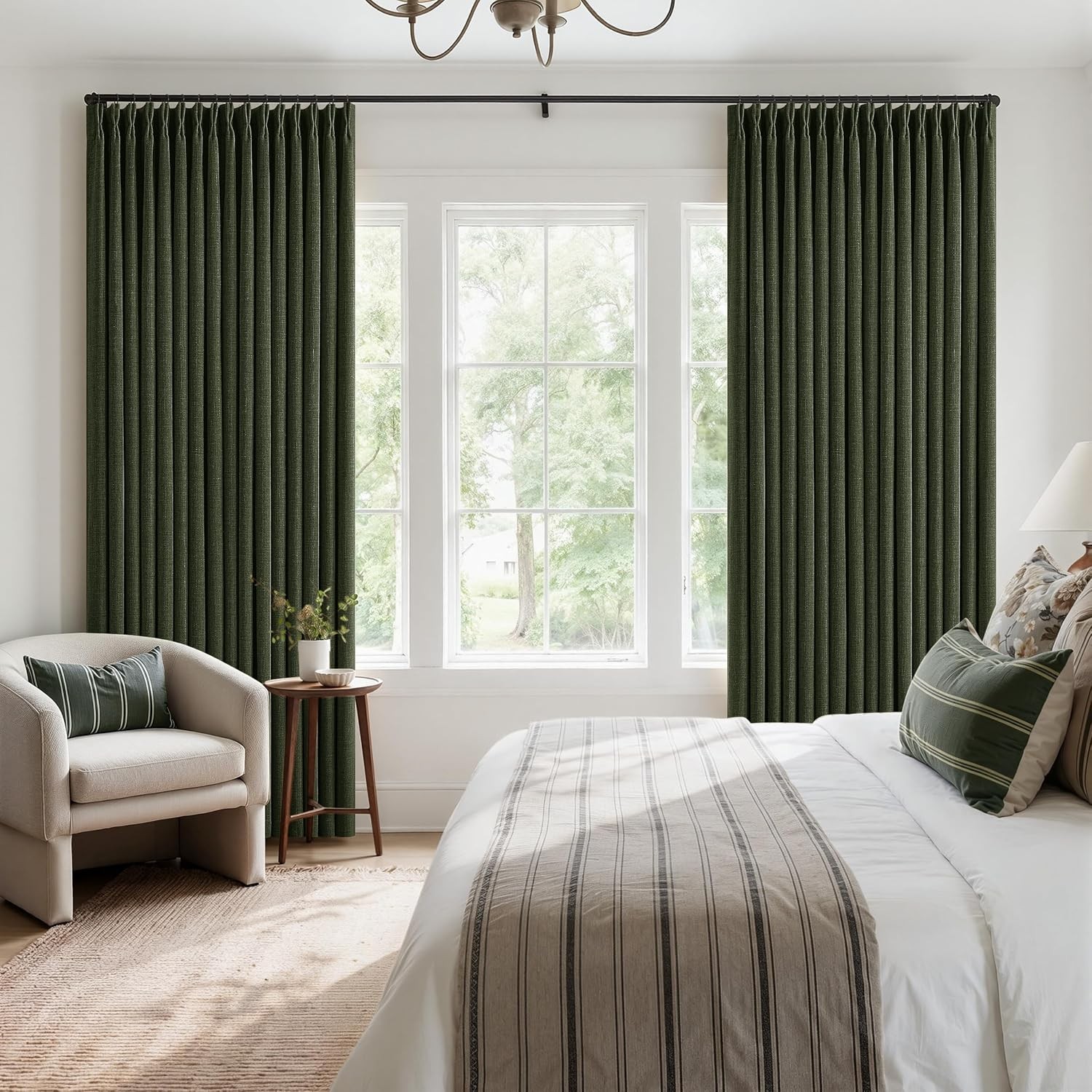 Loden 120 Inch Pinch Pleated Linen Curtains 100% Blackout Pinch Pleat Floor to