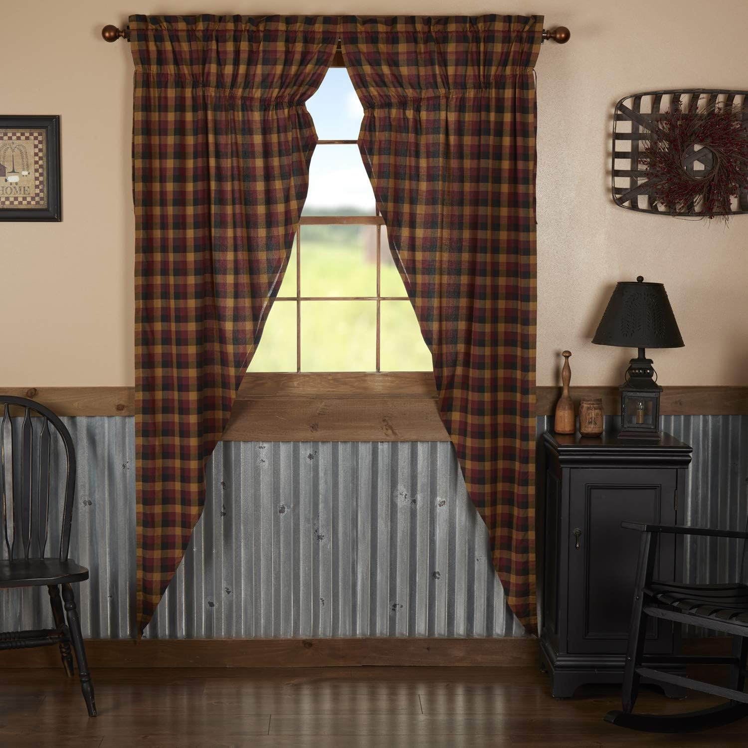 Burgundy Red Check Cotton Primitive Curtains with Rod Pocket & Drawstring Ties
