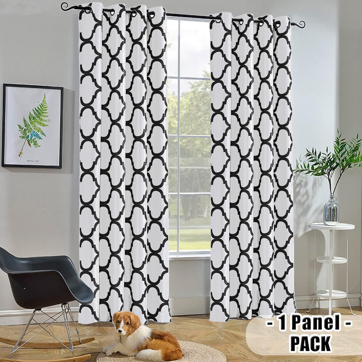 Single Panel 52×45 Inch Moroccan Room Darkening Curtain – Off White/Black Design