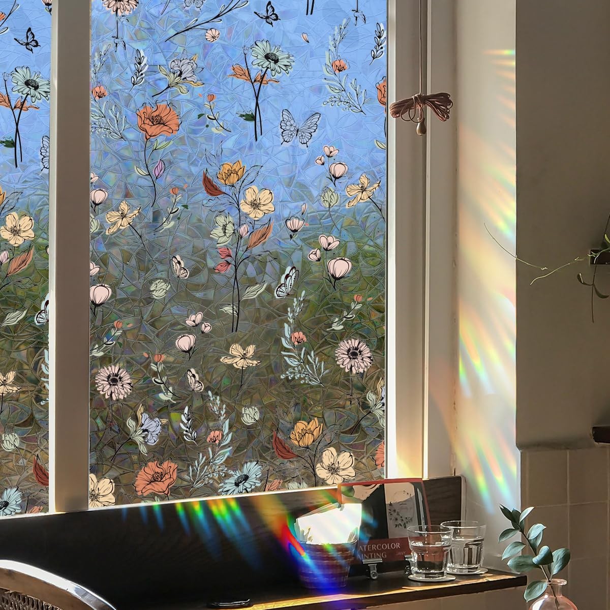 Window Privacy Screen Protector, Rainbow Boho Flower, Window Sticker, 3D, Decorative…