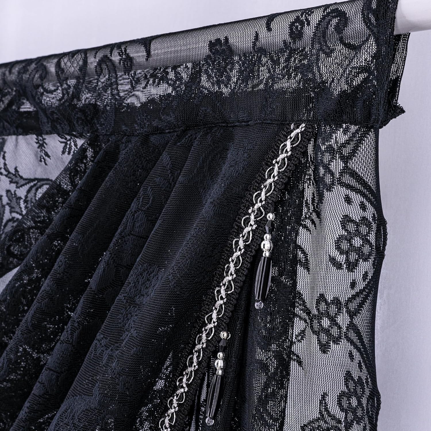 Sheer Lace Waterfall Window Valance with Bead 39″W x 41″L (Pack of 1) Black