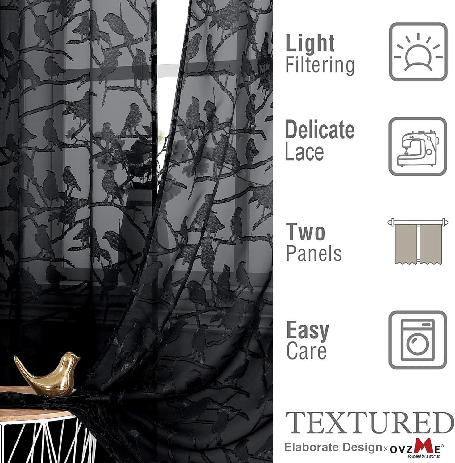 Sheer Black Curtains 63 Inches Long, Light & Airy Privacy Textured Sheer