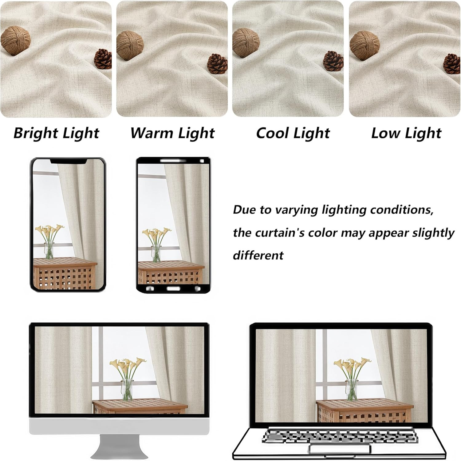 Natural Cafe Curtains 24 Inch Length, Light Filtering Faux Linen Slub Textured S