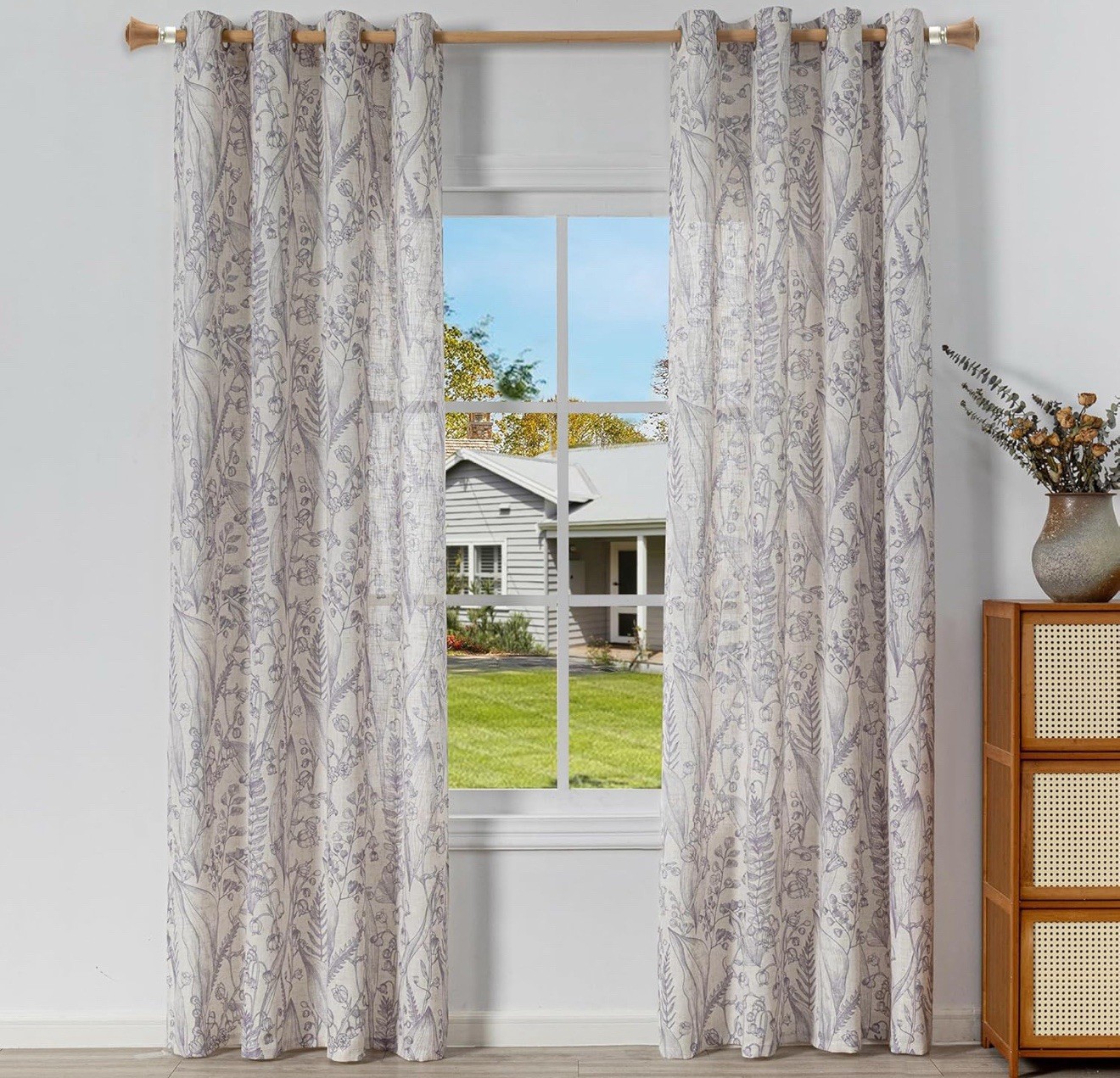 2 PackPurple Floral Curtains Textured Light Filtering Linen Curtain 54 In X 63in