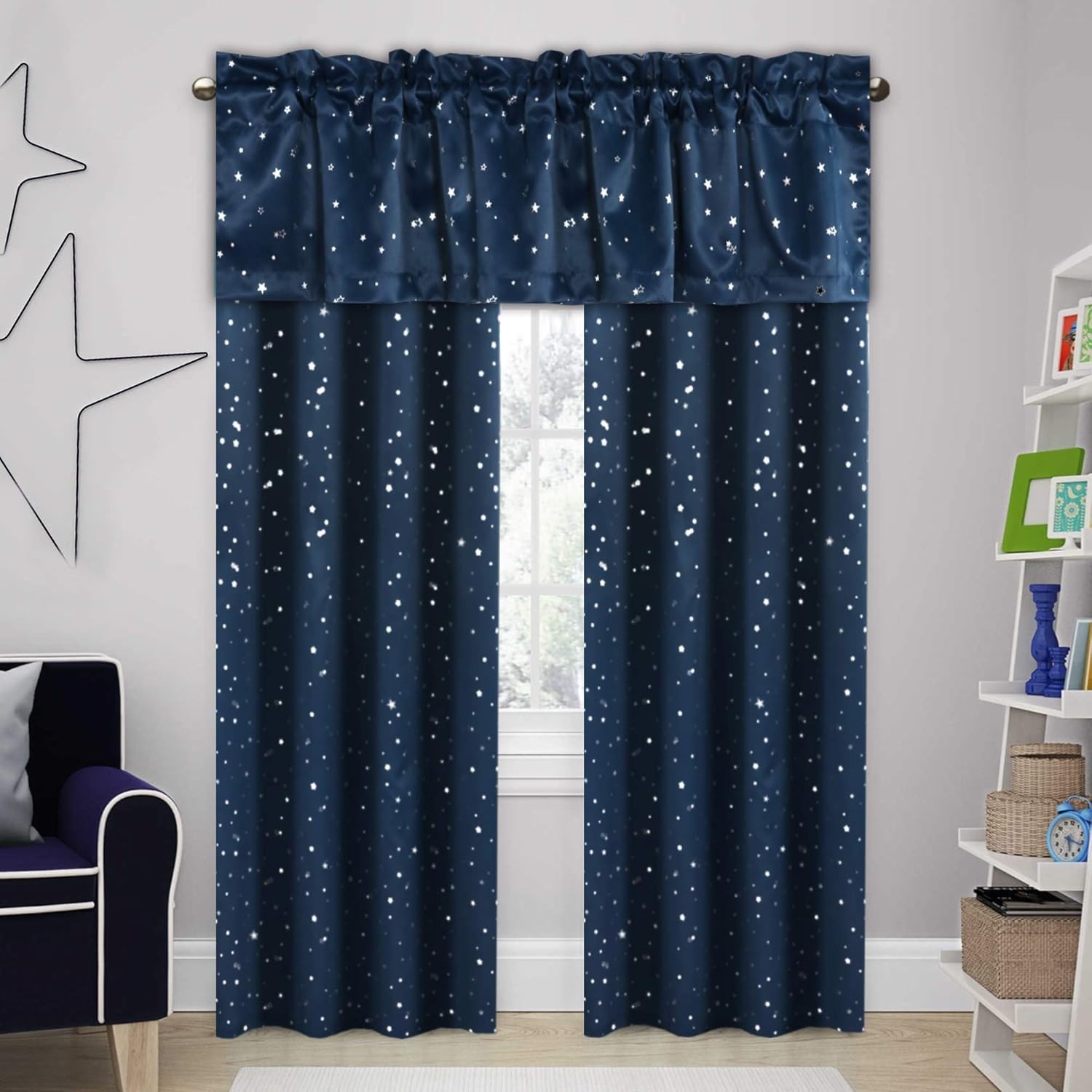 Stunning Navy Base Glitter Stars Blackout Valances – 52″W x 18″L for Home Decor