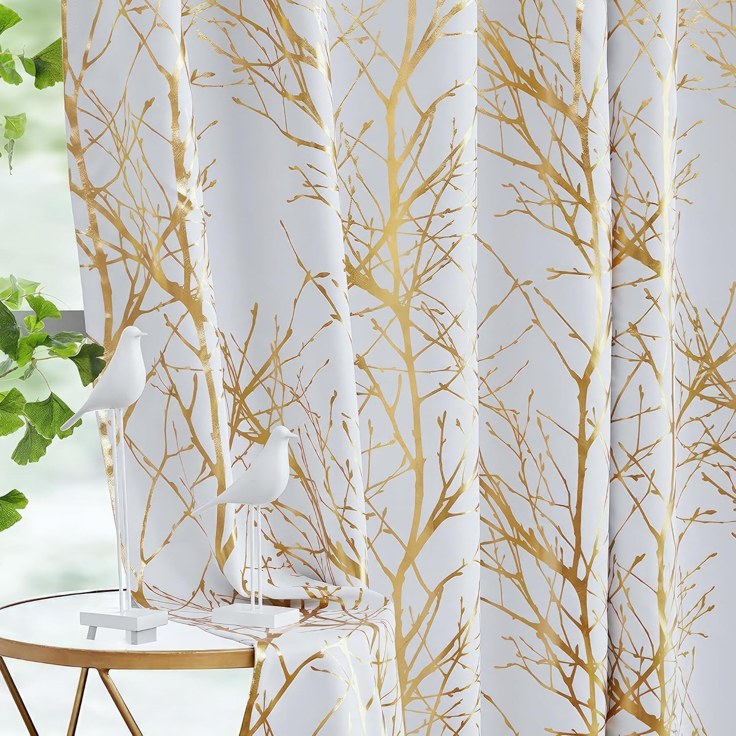 100% Blackout Curtains White Gold Tree for Living Room, Curtains 84 Inches Long
