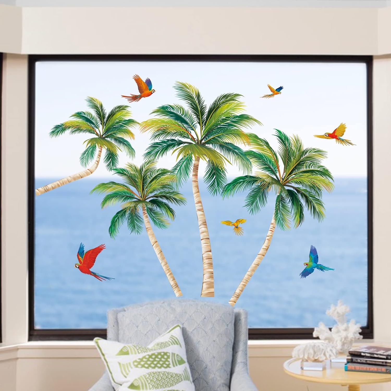 wondever Tropical Window Clings Palm Tree Birds Glass Sticker Decal Anti