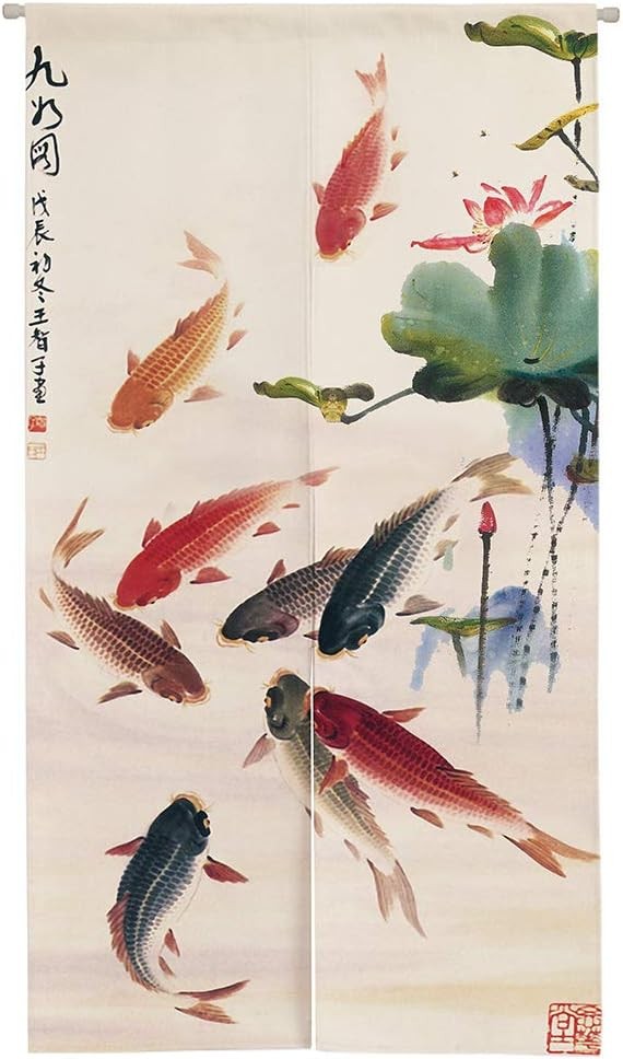 Chinese Ink Painting Koi Fish & Lotus Doorway Curtain – Japanese Noren