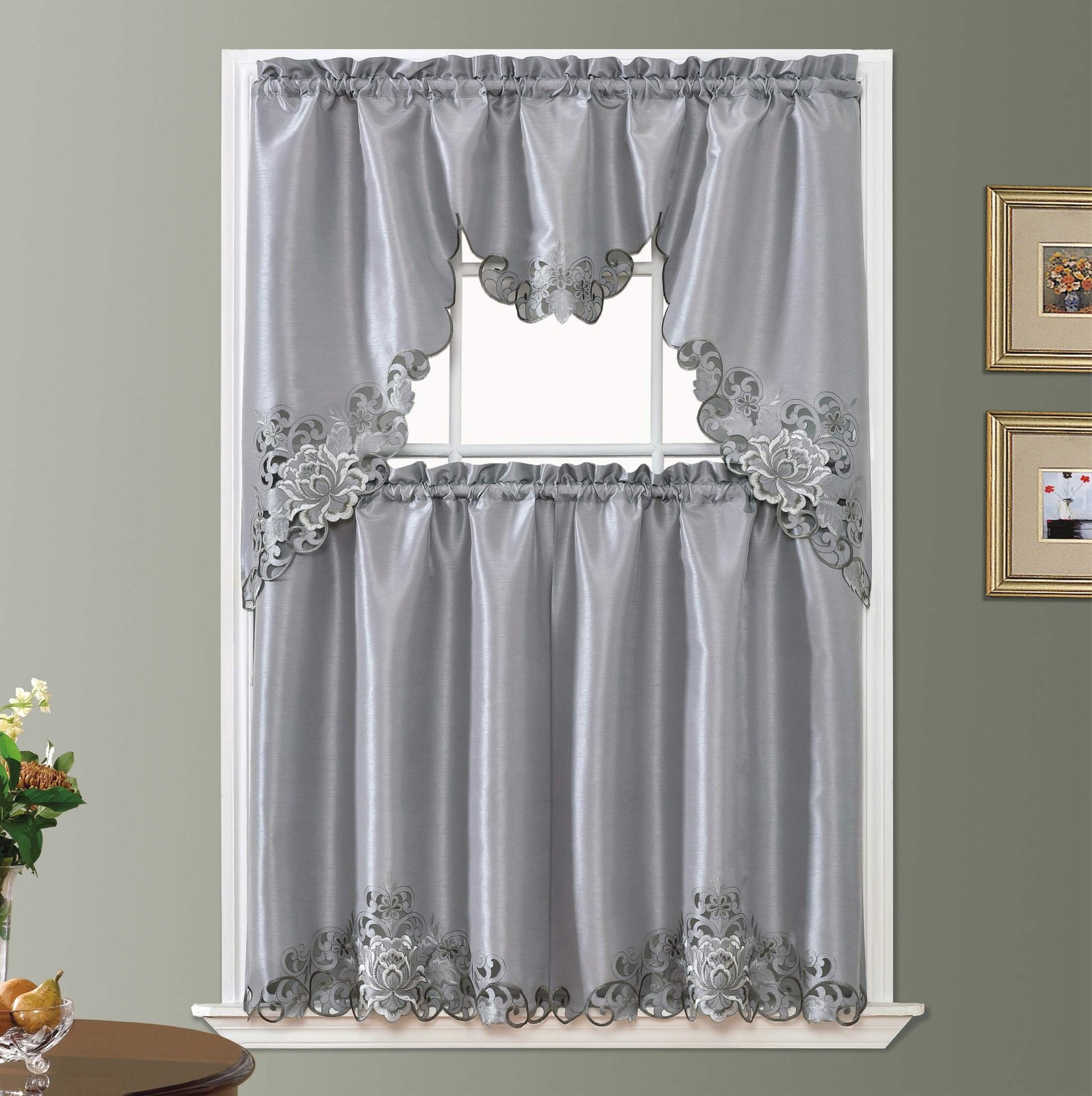 GOHD Passionate Bloom Kitchen Curtain Swag Valance and Tier Set Nice Embroide…