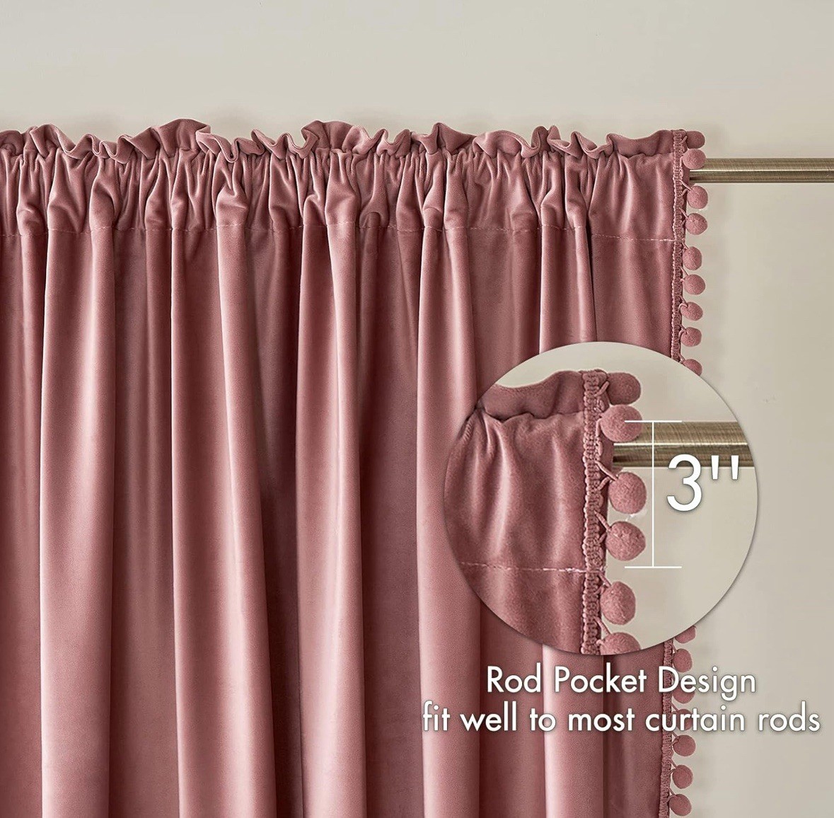 52×84 Rose Velvet Pom Pom Curtains 2 Panels New In Bag