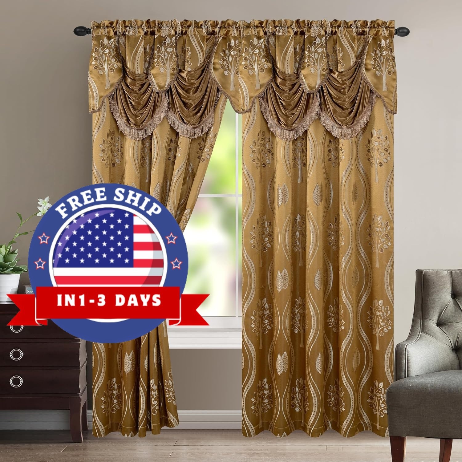 Cortinas Aurora jacquard con valance set 2 paneles 54×84 color topo elegante