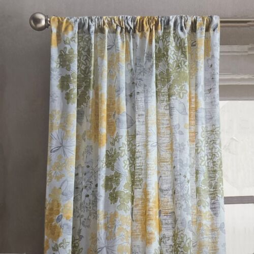 DKNY 50 x 96 Floral Fields Rod Pocket Cotton Curtains Yellow Green Gray Flowers