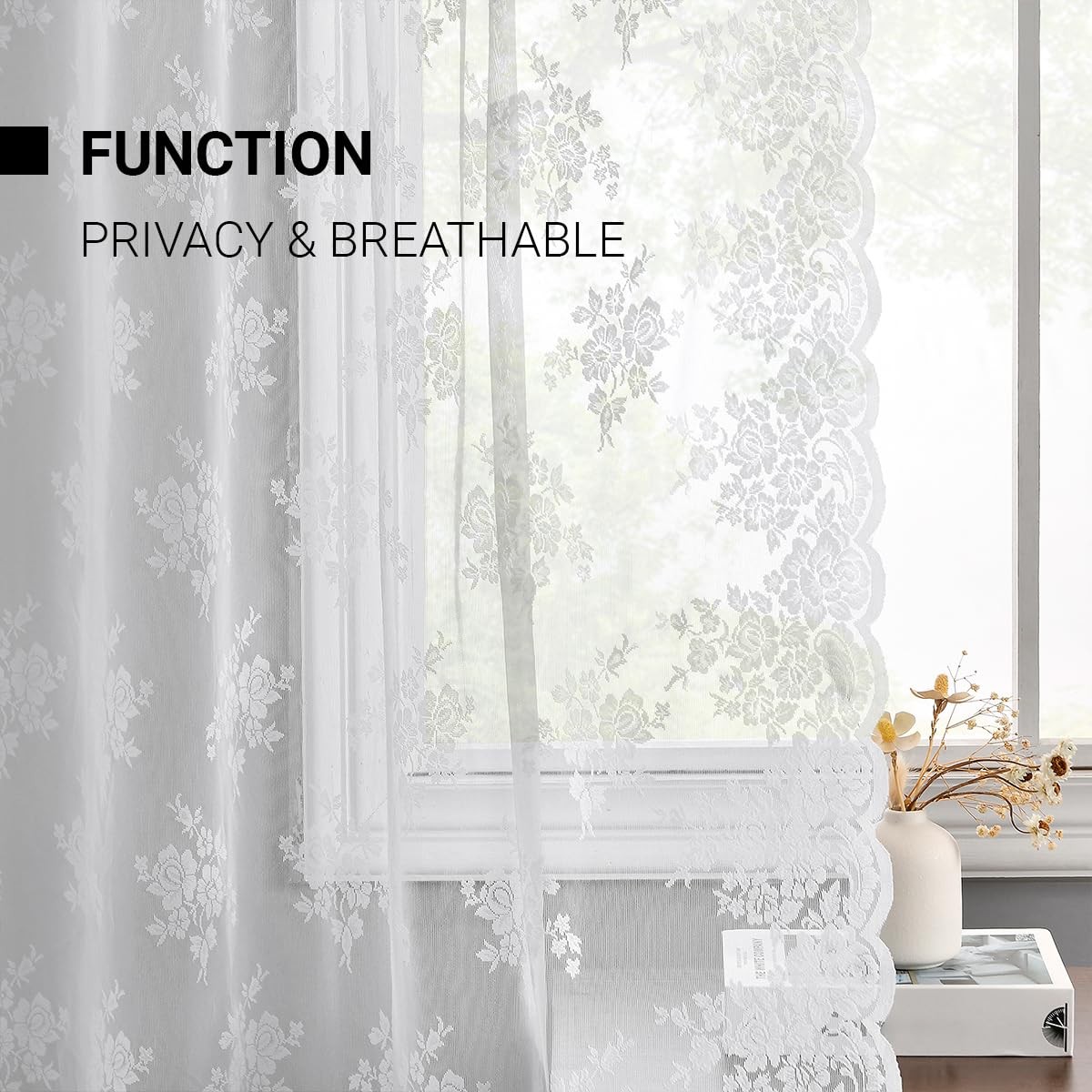 White Lace Curtains 45 Inch Length 2 Panels Country Rustic Floral Knitted Sho…