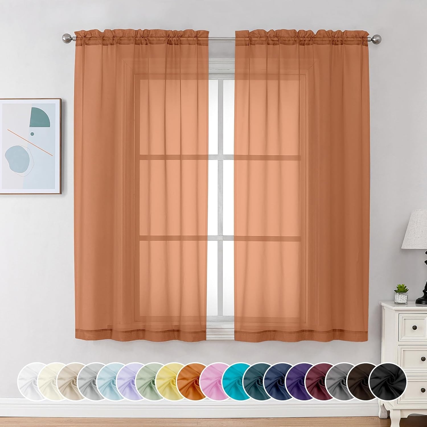 Sheer Curtains 63 Inch Length 2 Panels, Light 42″W x 63″L (Pack of 2) Orange