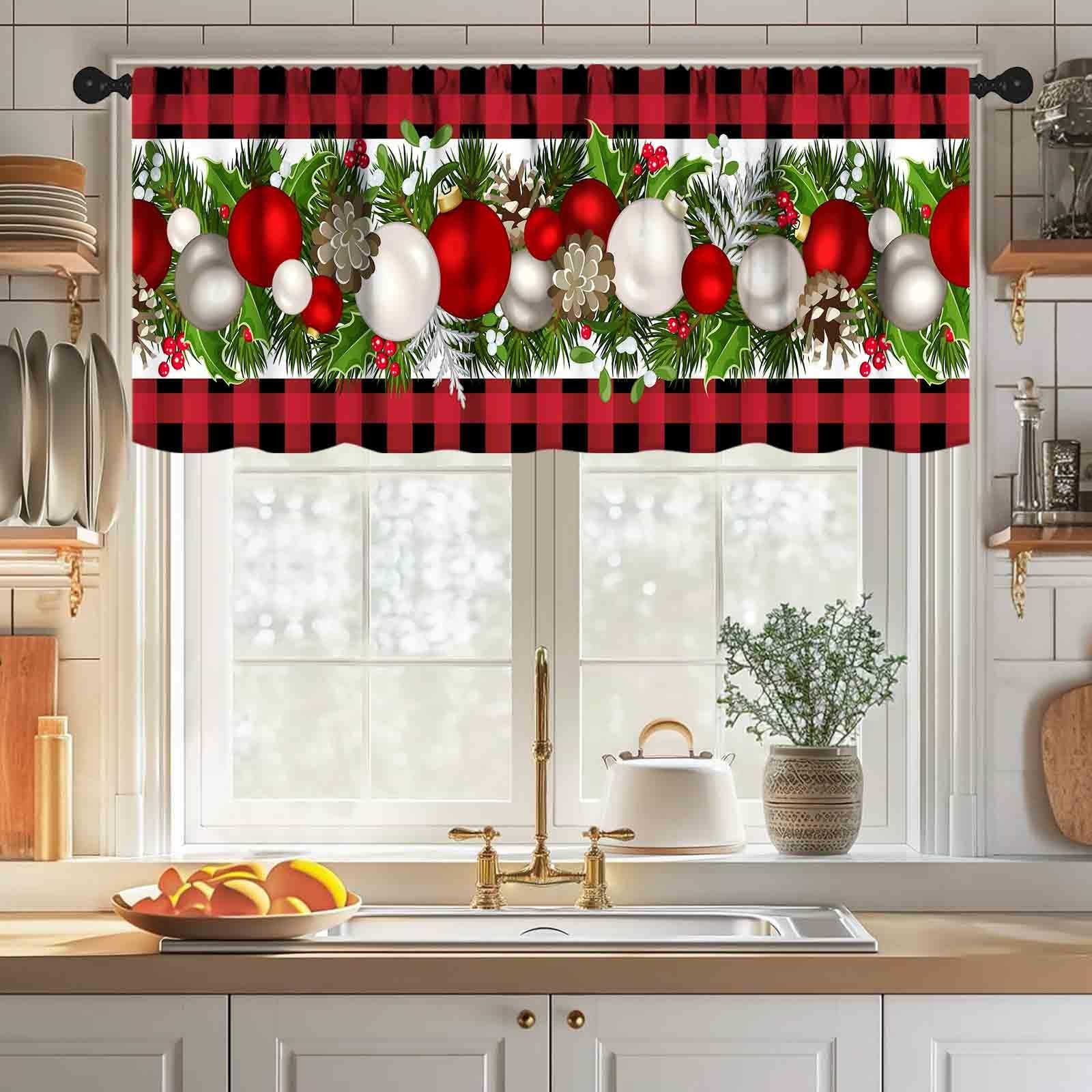 Christmas Ball Kitchen Valance,Xmas Decorations Winter Red Window Treatments …