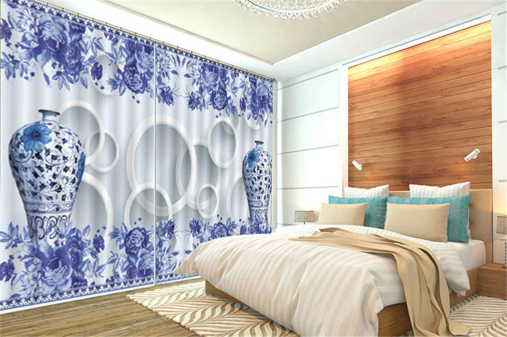 Blue And White Porcelain3D Curtain Blockout Photo Printing Curtains Drape Fabric