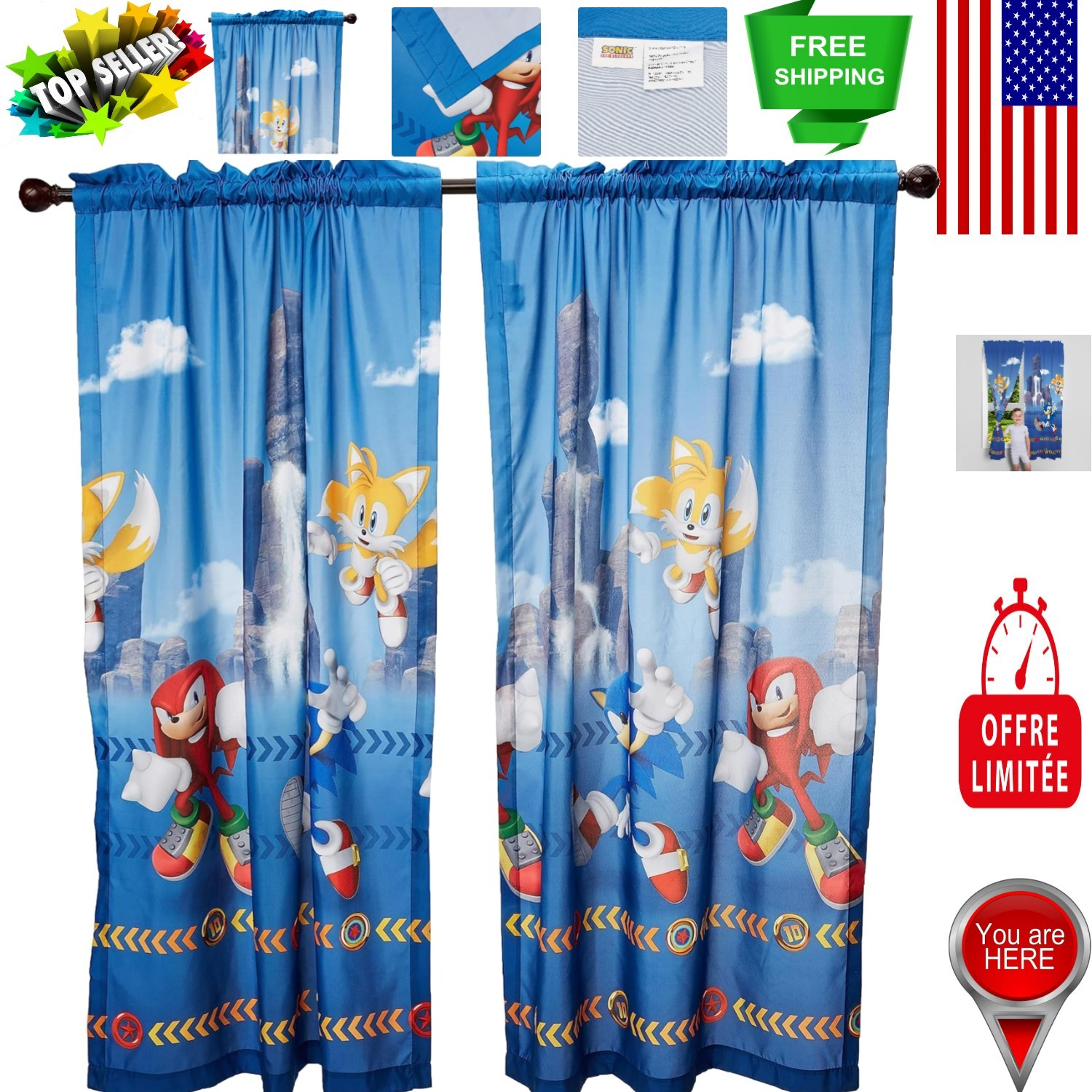 Colorful Sonic the Hedgehog Drapes for Kids’ Bedroom 82» x 63» Fabric Panels