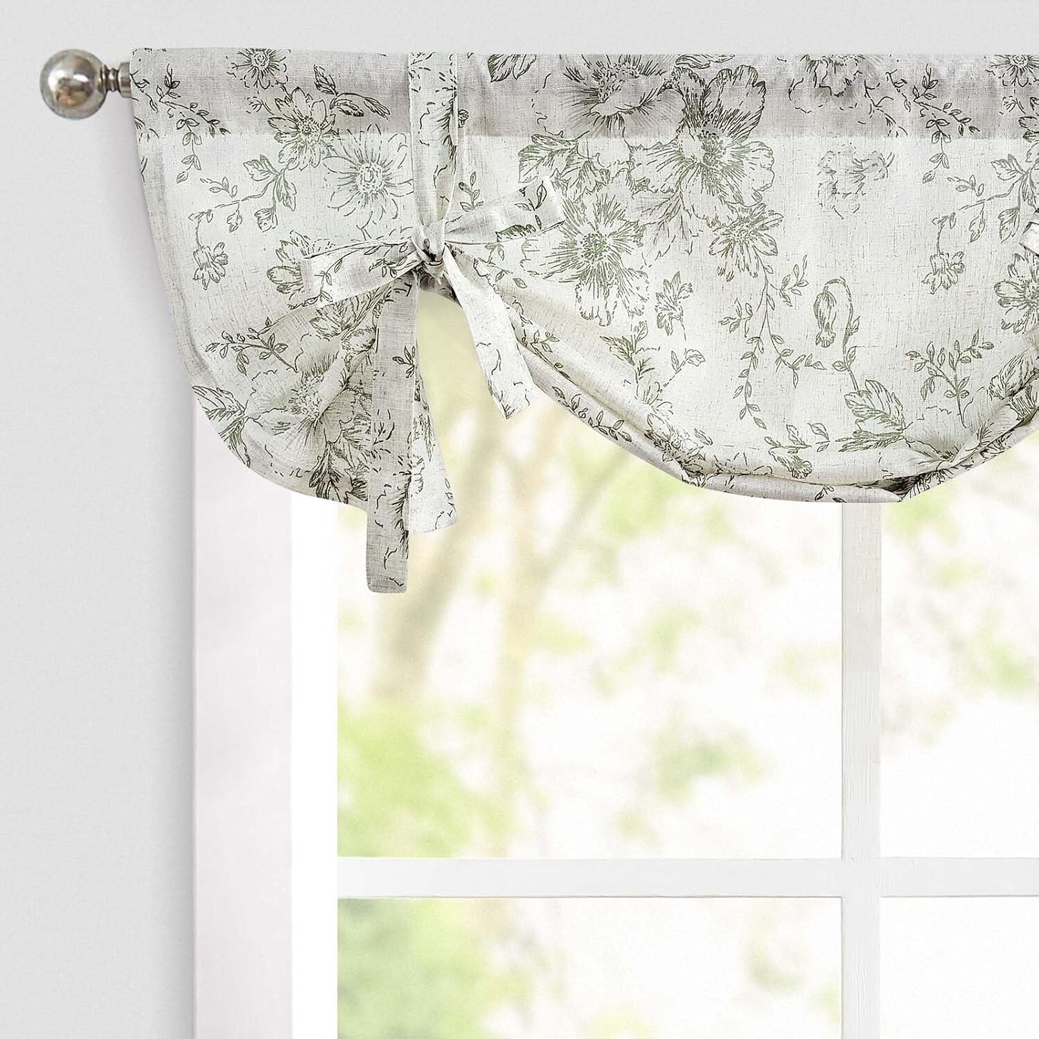 Light Filtering Floral Linen Valance – Elegant Sage Green Window Treatment 24″