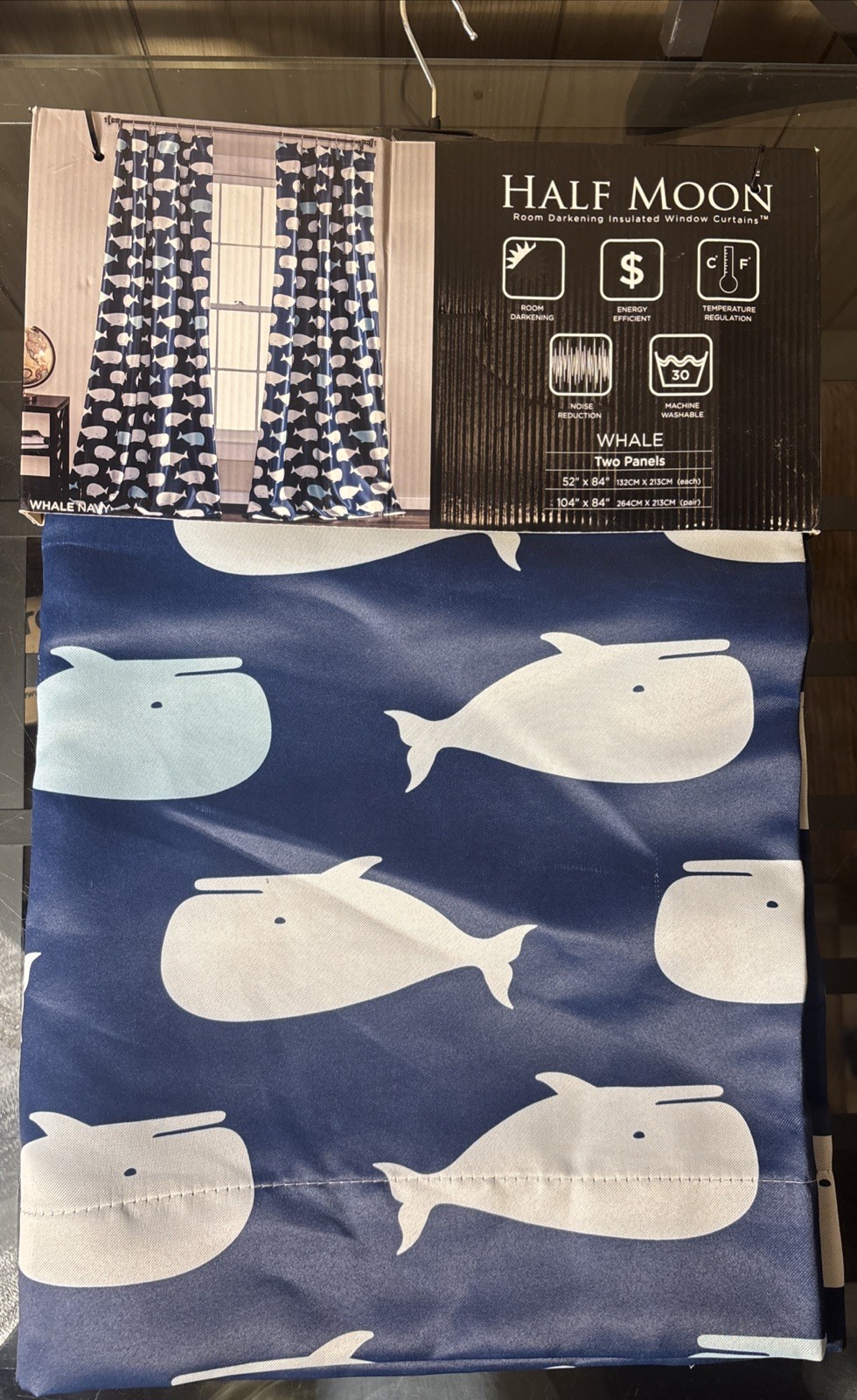 Whale Curtains-Animal Ocean Print Design Light Filtering Window Panel Set Navy